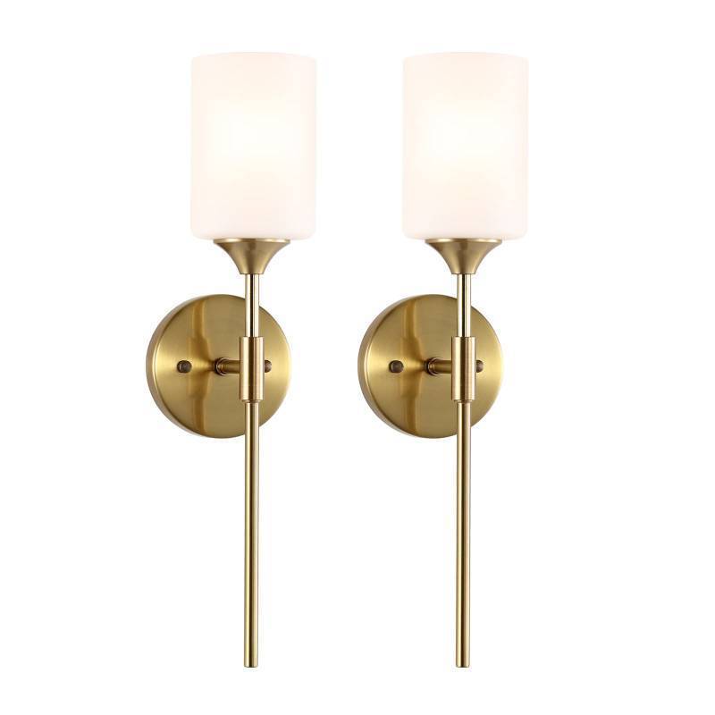 lot 38387 image: Gold Wall Sconce Set of 2 with White Cylinder Glass Shades Modern Mid Century Bathroom Vanity Wall Light Fixtures Industrial Brushed Brass Wall Lamp for Bedroom Mirror Living Room Restaurant - Retail $110