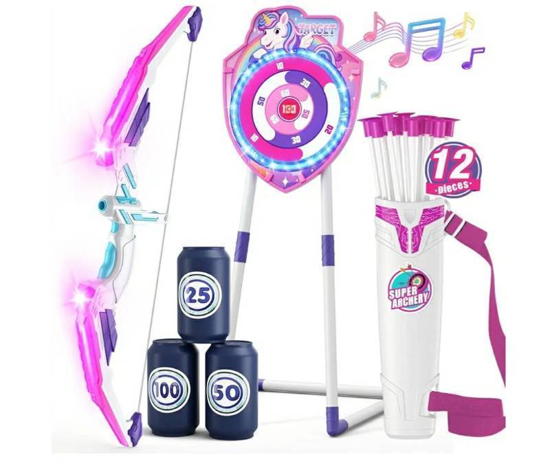lot 46710 image: Bow and Arrow for Kids, LED Light Up Unicorn Archery Set with 12 Suction Cup Arrows, 1 Standing Glow Target, 3 Score Targets & 1 Quiver, Indoor Outdoor Sport Toys. TARGET BASE MISSING A BRACKET. - Retail $42