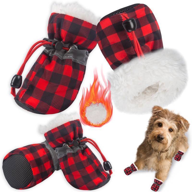 lot 55612 image: Dog Snow Boots Dog Shoes for Small Medium Size Dogs Booties Paw Protector Warm Pet Boots for Puppies 4PCs Black & Red Size 7 - Retail $10