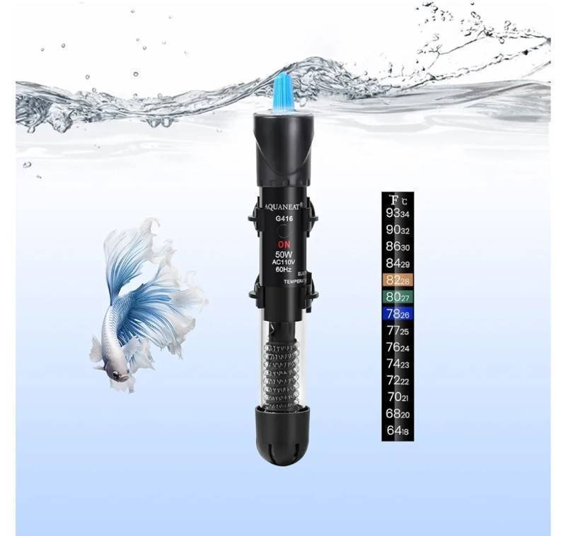 lot 57837 image: AQUANEAT Aquarium Heater, 50W Fish Tank Heater, Adjustable Submersible Water Thermostat with Thermometer - Retail $9