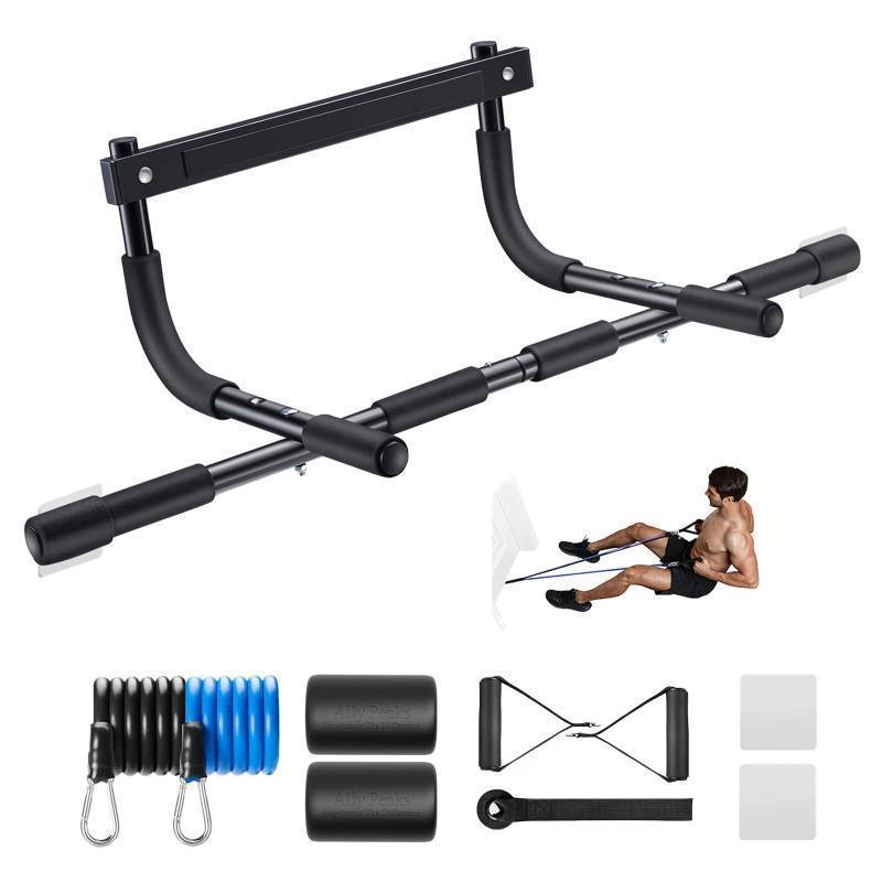 lot 58737 image: Ally Peaks Pull Up Bar for Doorway  Thickened Steel Max Limit 440 lbs Upper Body Workout Multi-Grip Strength Indoor Chin-Up Bar Fitness Trainer for Home Gym Portable - Retail $30
