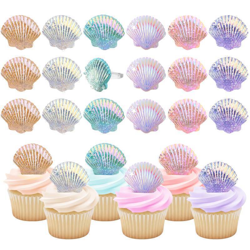 lot 72720 image: 48pcs Resin Seashell Cupcake Ring Toppers Under the Sea Cupcake Topper for seashell Theme Birthday Party Cake Decorations Baby Shower Weeding Anniversary Sea Party Supplies - Retail $14