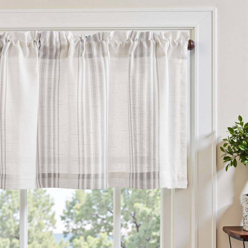 lot 72755 image: Striped Linen Valance Curtain 16 Inch Vertical Striped Valance for Kitchen Bathroom Light Filtering Rod Pocket Cottagecore Farmhouse Semi Sheer Short Window Curtain 1 Panel Grey - Retail $17