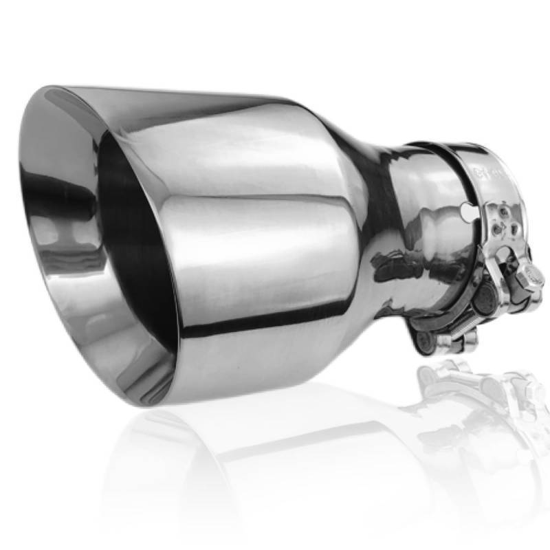 lot 72772 image: 2.5 to 4 Inch Exhaust Tip 2.5Inlet to 4Outlet Exhaust Tips 6.7 Overall Length Muffler Tip 304 Stainless Steel Tailpipe Diesel Exhaust Tip Double Wall Polished Slant Cut Bolt OnClamp On - Retail $36