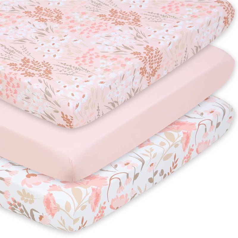 lot 72824 image: The Peanutshell 3 Pack and Play Crib Sheets Fitted - Universal Pack N Play Sheets for Pack and Play Mattress, Soft & Breathable Playard Bedding for Graco, Mini Crib Sheets Girl Fitted, Pink Floral - Retail $20