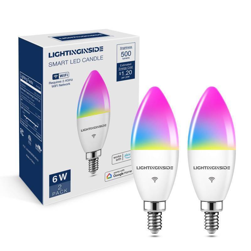 lot 72831 image: E12 Smart Light Bulbs 60W Equiv., Work with AlexaGoogle HomeSmartLife, 500LM 6W RGBCW Candle Candelabra LED Bulbs, No Hub Required, 2.4G WiFi & BLE Chandelier Bulb, ETL Listed, 2PCS - Retail $22