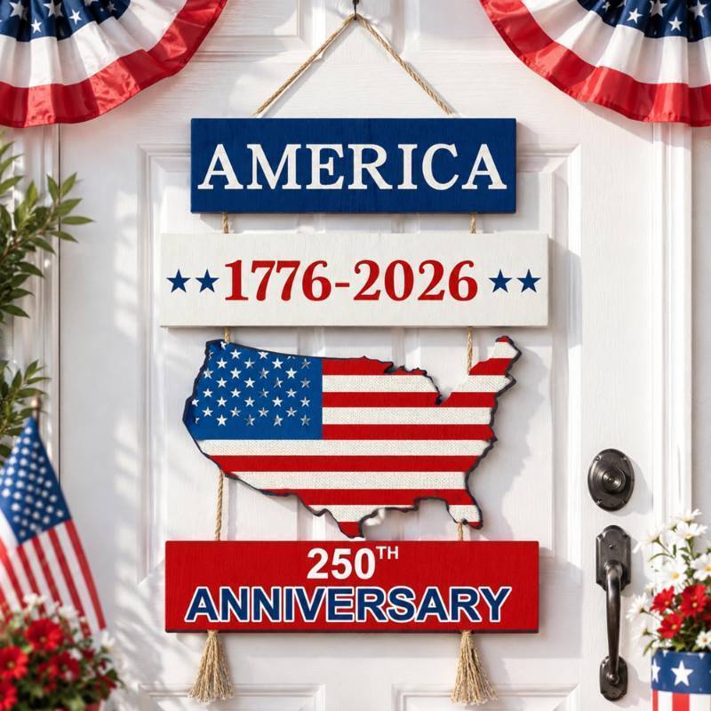 lot 72860 image: 250 Anniversary 4th of July Door Sign 250th Anniversary 1776-2026 US Wreath Patriotic Independence Door Hanger Wooden Plaque Wall Decor Hanging Sign for Home Porch Outdoor Decor - Retail $14