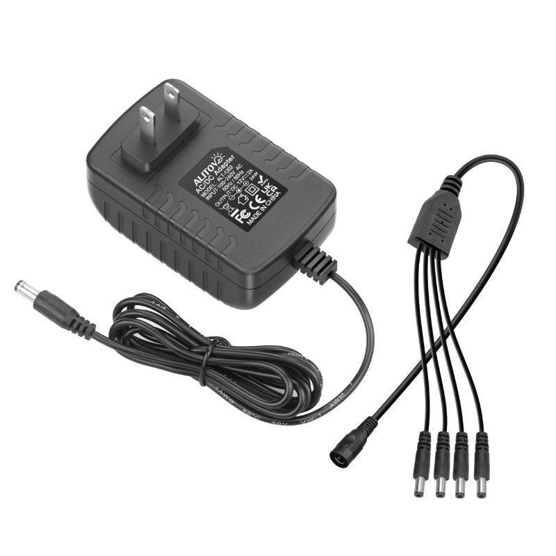 lot 72889 image: Security Camera Power Supply Adapter 12V 2A with 4 Way Power Splitter Cable 5.5x2.1mm, 100-240V 50-60Hz AC to DC Converter for Analog AHD CCTV DVR Surveillance SystemLED Strip Lights - Retail $10