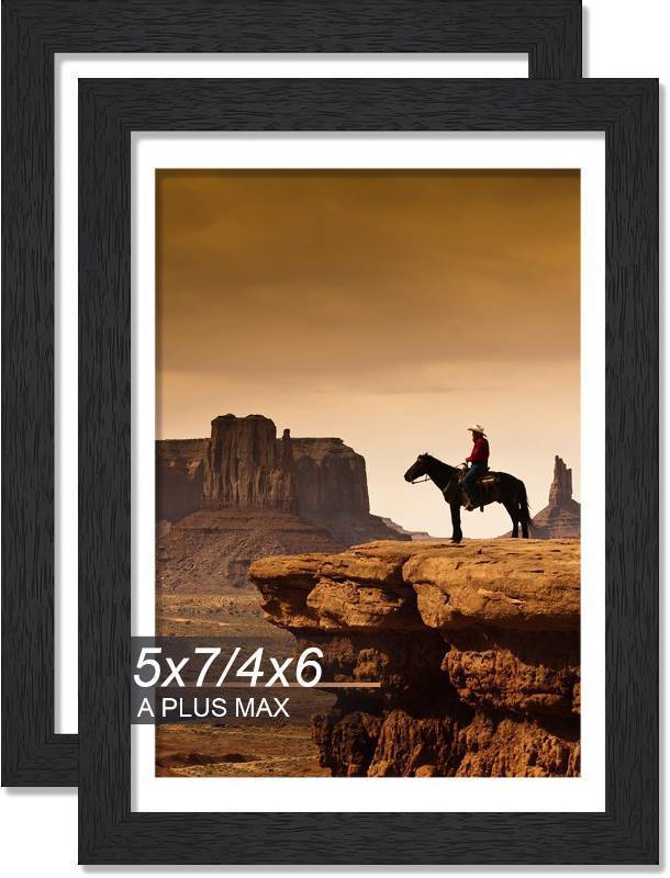 lot 72923 image: A PLUS MAX 5x7 Picture Frame Set of 2, Black Engineered Wood Frame for 5 x 7 Inch Picture Poster Photo, Light Weight 5 by 7 Frame with Wood-grain for Wall - 2 PackBlack5x7 - Retail $6