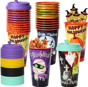 lot 64063 image: 24 Pack Halloween Party Favors Goodie Cups - Bats, Ghost, Cats, Pumpkin, Witch, Spider Patterns - 16OZ Reusable Plastic Cups With Lids and Plugs for Party Decorations - Retail $20