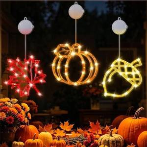 lot 64075 image: Fall Window Decoration Lights, 3PCS Thanksgiving LED LightsFall Bird Maple Leaf Pumpkin with Suction Cup, Battery Operated Autumn Hanging Light Decor with Timer for Home Wall Bedroom - Retail $20