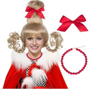 lot 64076 image: Blonde Curly Pigtail Wig with Red Bow and Beaded Necklace Set - Retail $0