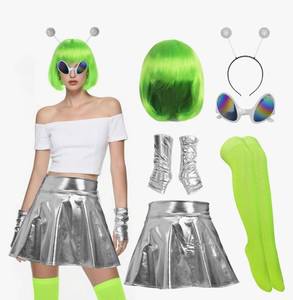 lot 64077 image: 6Pcs Alien Costume Women, Metallic Skirt Antenna Headband Bob Hair Glasses Neon Green Space Accessories for Halloween - Retail $28