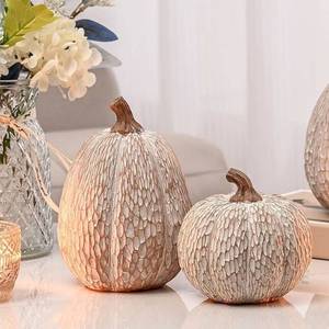 lot 64078 image: Artificial Pumpkin Decor, Brown and White Decorative PumpkinsThanksgiving Resin Pumpkins Figurine Set of 2, Carved Pumpkin Statues for Rustic Fall Tabletop Home Decor, Harvest, Wedding(one broken) - Retail $0