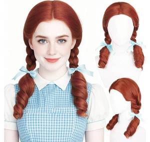 lot 64087 image: Brown Braided Wig for Women, Long Braids Wig with Blue RibbonsAdult Fairy Tale Cosplay Wigs for Halloween Costume Party with Wig Cap Heat-Resistant Synthetic Fiber - Retail $22