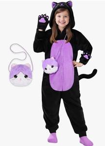 lot 64093 image: Halloween Black Cat Costume for Girls, Kids Cat Onesie & Purse BagCat Halloween Costumes for Girls Kids, (Black and Purple)S - Retail $33