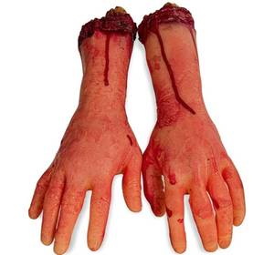 lot 64095 image: Halloween Human Arm Plastic Soft Hands Bloody Dead Body Parts Haunted Halloween Decorations, 2-Pieces (Left and Right) - Retail $13