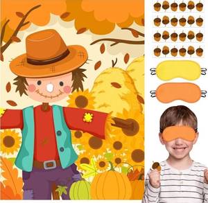 lot 64096 image: Fall Themed Pin the Nose On the Scarecrow Party Game Poster with 24 Pcs Acorn Stickers Fun Autumn Harvest Party Activity Decorations Supplies for Thanksgiving Halloween Fall Festivals Birthday - Retail $8