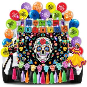 lot 64102 image: Halloween Trunk or Treat Car Decorations Kit for SUV -Dia de los Muertos Car Decor with Backdrop,Skull Cutouts,Balloons,Banner,for Day of The Dead Party Decorations - Retail $23