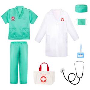 lot 64107 image: Doctor Costume for Kids - Kids Scrubs with Lab Coat & Carry Bag, Doctor Dress Up for Halloween, Career Day Role Play(Green,7-8 Years) - Retail $20