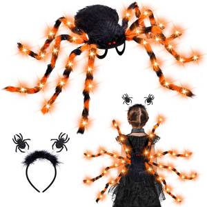 lot 64110 image: Halloween Giant Spider Costume for Kids Adults, 60 LED Halloween Plush Spider Candy Backpack Props with Halloween Spider Party Headband Topper Halloween Decorations Accessories- Battery Required - Retail $30
