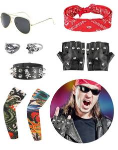 lot 64118 image: 11pcs Rockstar Costume 70s 80s 90s Rocker Costumes for Men and Women Motorcycle Biker Halloween Costume Punk Accessories Rock Star Costumes Guitar Rock and Roll Costume - Retail $14