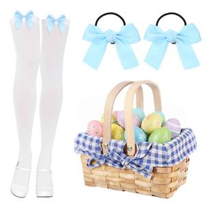 lot 64119 image: 4 Pcs Women Easter Costumes Outfits Satin Bow Thigh Highs Woodchip Picnic Baskets Bow Hair Band(Blue) - Retail $20