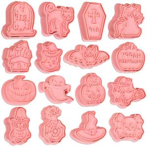 lot 64120 image: 16 Pcs Halloween Cookie Cutters, 3D Cookie Cutter with Plunger Stamp - Retail $10