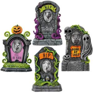 lot 64122 image: 4 Set Large Halloween 3D Changing Face Rip Graveyard Tombstones and 19.7x13.8 Inch Halloween Skeleton Headstone RIP Graveyard Tombstones Outdoor Props Decoration for Yard Garden Lawn (Vines) - Retail $28