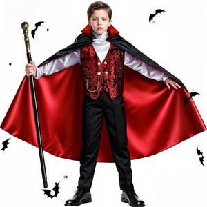 lot 64123 image: Boys Vampire Costume Set, Halloween Party Vampire Cosplay Outfit with Cape, Shirt, Pants & Cane, kids dracula costume (M(6-9Y, 51-59)) - Retail $30