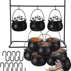 lot 64127 image: 9pcs Packaged Halloween Small Pot with Stand, Black Plastic Witch Large Pot Water Bottle Halloween Pot Candy Stand, for Halloween and St. Patricks Day Parties (2.8 inches) - Retail $20