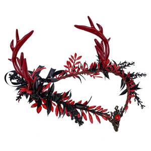 lot 64135 image: Gothic Elf Antler Crown - Black Deer Horns Headband Red Fairy Heapiece Dark Elven Circlet for Renaissance Fair Costume Women Goth Wedding Halloween Cosplay - Retail $24