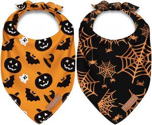lot 64137 image: Halloween Dog Bandanas 2 Pack Washable Soft Cotton Halloween Pumpkin and Spider Bibs Scarf Multiple Sizes Offered Premium Durable Fabric Adjustable Fit - Retail $16