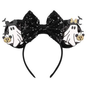 lot 64140 image: Black Sequin Mouse Ear Headband with Ghost & Boo Motifs - Spooky - Cute Halloween Accessory for Women & Party Enthusiasts - Retail $4