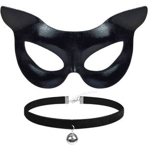 lot 64147 image: Womens cat Costume Cat Mask and Collar Set, Women��s Cat Costume Accessories for Adults, Cat Ears Half Face Masquerade Mask & Choker Black Eye Mask for Woman Halloween Animal Cat Cosplay Costume - Retail $10