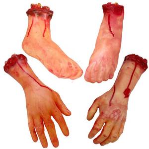 lot 64164 image: 4 Pieces Fake Human Severed Hands Feet Set Scary Bloody Broken Body Parts Halloween Decorations for Haunted House Halloween Party Decorations - Retail $20