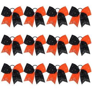 lot 64170 image: Large Rhinestones Cheer Bows, 12 PCS Glitter 7 Cheer Bows Ponytail Holder for Cheerleaders Girls Softball Sports Competition (OrangeBlack) - Retail $23