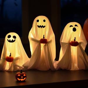 lot 64173 image: 3 Packs Light up Ghost Kit, Spooky Halloween Decorations, Light up Ghost Decorations Outdoor Indoor with LED String Lights for Home Outside Porch Garden Yard Lawn Party(Regular) - Retail $27