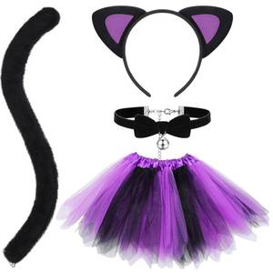 lot 64177 image: 4 Pcs Halloween Girls Cat Costume Set Cat Ears Headband Tail Bow Tie Tutu Skirt for Kitty Halloween Dress up Party (Purple) - Retail $14