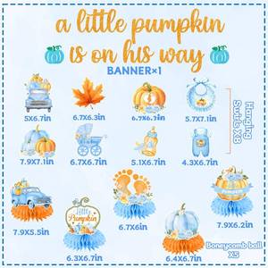 lot 64181 image: Little Pumpkin Baby Shower Decorations Boy, includes A Little Pumpkin Is on The Way Baby Shower Banner Fall Centerpieces and Hanging Swirls for Fall Birthday Decorations - Retail $10