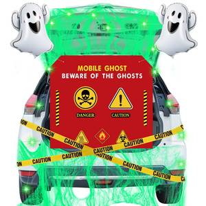 lot 64186 image: Ghost Jar Halloween Trunk or Treat Car Decorations Kit Ghost Decorations for Suv with Background Green Cotton Net Ghosts Balloons Light Warning Tape Car Archway Garage Halloween Party Decor - Retail $16