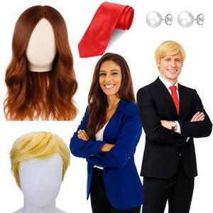 lot 64189 image: 4 Pcs Halloween Presidential Candidate Costume Include Short Blonde Wig with Hair Net Red Tie and Pearl Earrings for Men Women Halloween Cosplay Party(no long wavy wig) - Retail $23