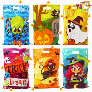 lot 64210 image: 72 Pcs Halloween Goodie Bags, Plastic Candy Bags in 6 Designs for Kids Snacks Party Favors, Trick or Treating Bag for Halloween Party Supplies, Snacks Stuffers Prizes - Retail $14
