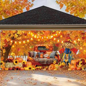 lot 64211 image: Fall Leaves Garage Door Banner 7 x 16 ft Scarecrow Pumpkin - Retail $31