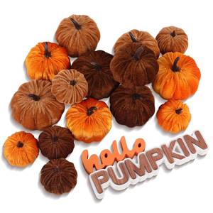 lot 64213 image: 17 Pack Fall Artificial Velvet Pumpkins Decorations, Foam Faux Flocked Pumpkin Including Wooden Hello Pumpkins Sign, for Home Autumn Harvest Theme Party Halloween Thanksgiving Table Decor. - Retail $18
