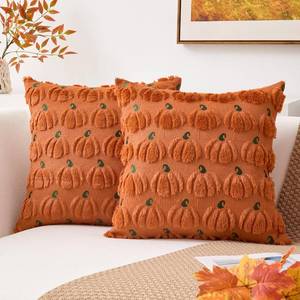 lot 64218 image: Kevin Textile Fall Pumpkins Pillow Covers 20x20 Inch Set of 2 Autumn Embroidery Decorative Square Pillowcases Soft Faux Fur Cushions Harvest Gift for Couch Sofa Chair Bedroom Halloween, Brown - Retail $19