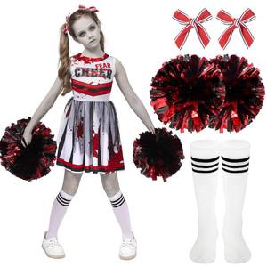 lot 64224 image: Spooktacular Creations Halloween Cheerleader Costume for Girls, Kids Zombie Cheerleader Outfit, Dead Fearleader Dress for Halloween Scary Costume Role Play Parties, Red White, M(no socks) - Retail $24