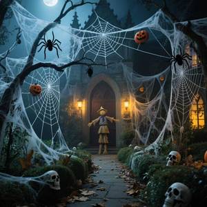 lot 64230 image: 1200 sqft Halloween Spider Webs Decorations with 100 Extra Fake Spiders, Super Stretch Cobwebs for Halloween Indoor and Outdoor Party Supplies,Yard Haunted House Indoor Decor Supplies (0.66, Pounds) - Retail $16
