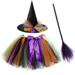 lot 64236 image: Witch Costume for Girl,Rainbow Tutu Skirt Witches Hat with Broomstick Kids,Halloween Costumes Girls Witch Cosplay Dress Up - Retail $20