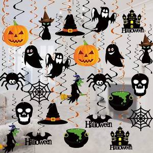 lot 64240 image: Halloween Decorations Hanging Swirl - 36 PCS Hanging Halloween Ceiling Streamers - Large Size Ghost Pumpkin Witches Swirls for Home Indoor Outdoor Party Office Decor Supplies - Retail $10
